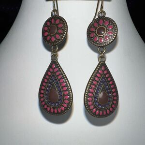 Vintage Bronze Tone Mosaic Teardrop Dangle Earrings